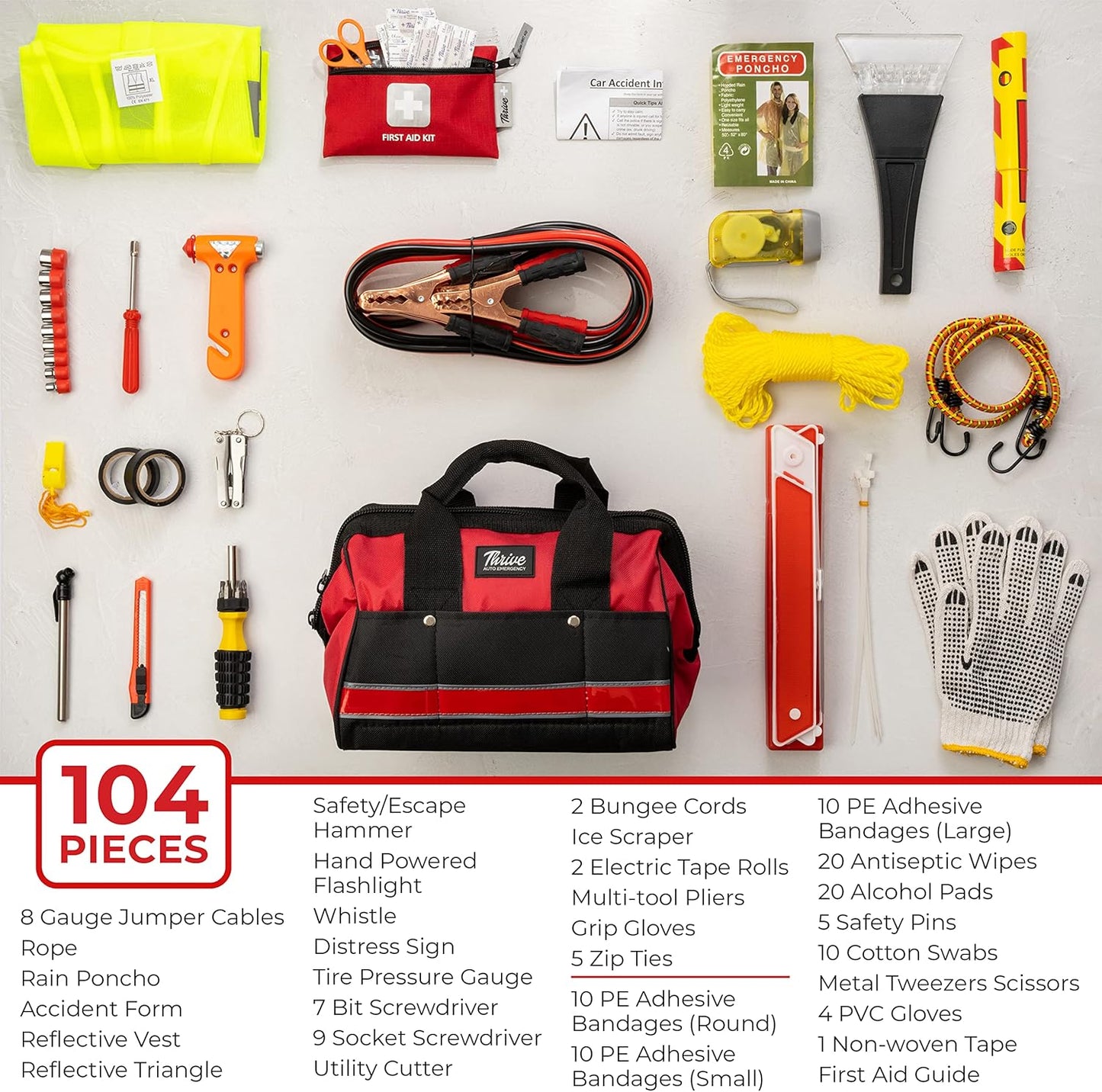 Thrive Roadside Emergency Car Kit - Automotive Safety Travel Tool Kit w/Vehicle Jumper Cables and Mini First Aid Kit - Truck, SUV & Car Essentials for Women and Men (Red Canvas Bag)