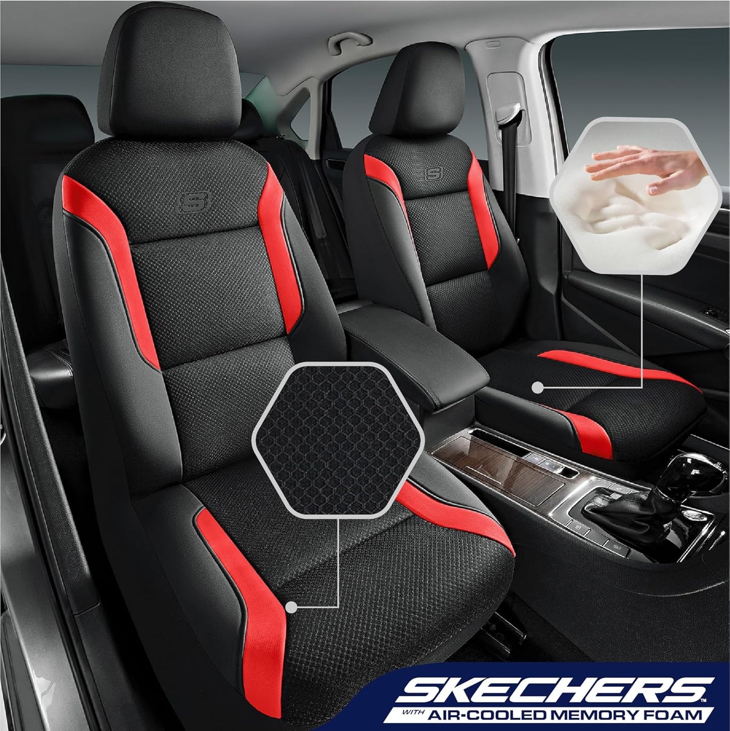 Skechers Memory Foam Car Seat Covers, Air Cool Mesh Thick Seat Covers, Slip-ins Front Seat Cover, Airbag Compatible, Automotive Comfort & Protection for Most Cars,Vans,Trucks, SUVs,Red