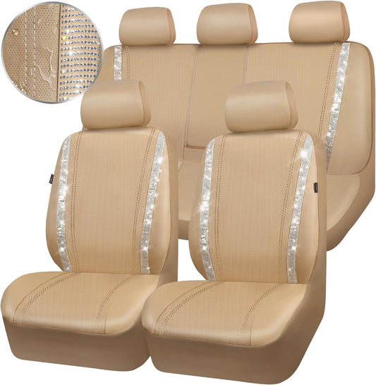 CAR PASS Bling Car Seat Covers Full Set, Shining Glitter Rhinestone Diamond Waterproof Faux Leather Interior Sets Universal Fit Automotive Glitter Crystal Sparkle Strips for Cute Women Girl, Beige