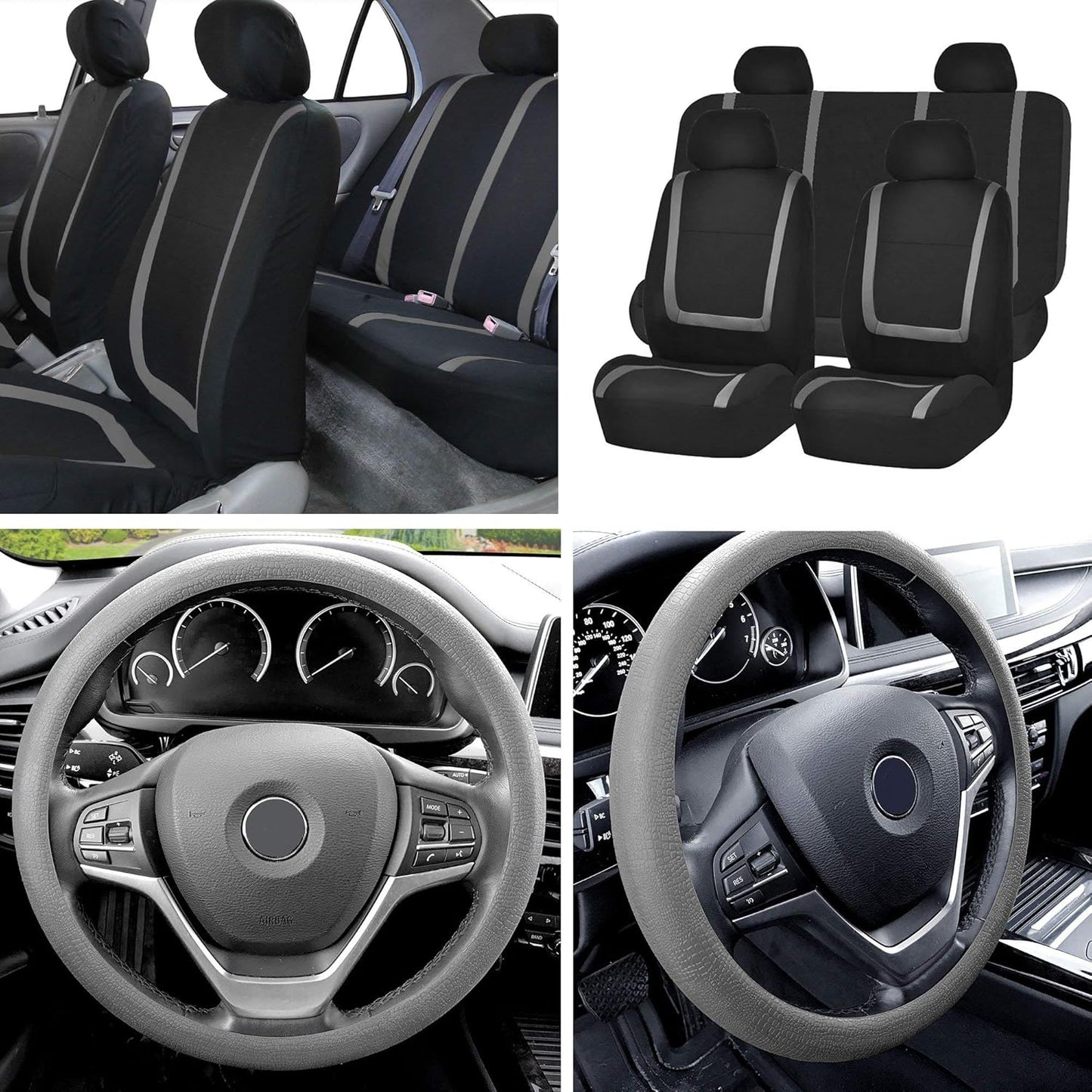 FH Group Unique Flat Cloth Full Set Car Seat Covers w. Silicone Steering Wheel Cover- Universal Fit for Most Cars, Trucks, SUVs or Vans (Pink/Black)