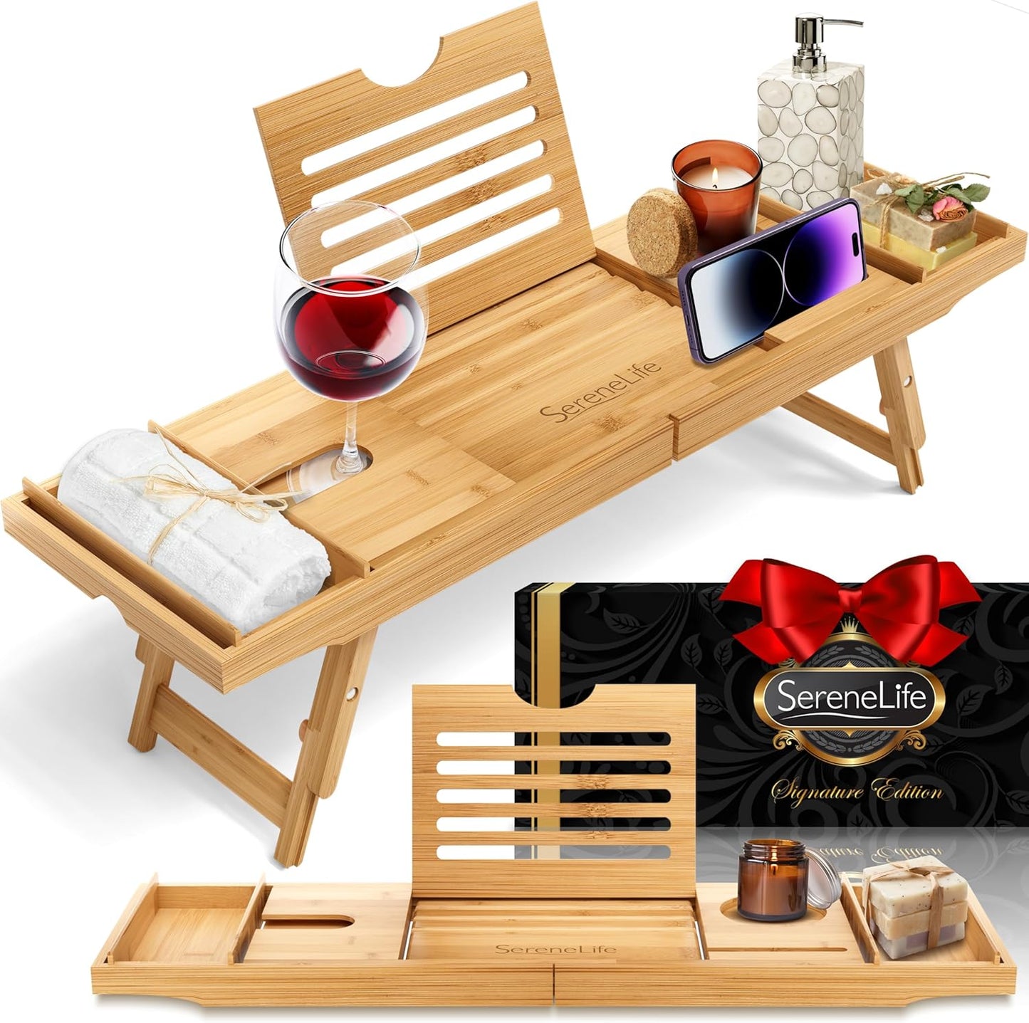 SereneLife Bath Caddy Breakfast Tray Combo - Natural Bamboo Wood Bathtub Caddy and Bed Tray with Folding Slide-Out Arms, Device Grooves, Wine Glass and Soap Holder