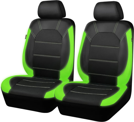 CAR PASS Leather Car Seat Covers Front Seats only, with Air Mesh Front Seat Covers Breathable, Cool Automotive Seat Covers 2 Pack, Universal Fit Most Cars,SUV,Truck,Van Airbag Compatible(Black Green)