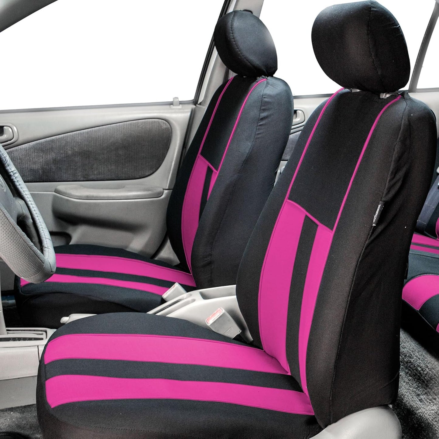 FH Group Three Row 7 Seater Combo Set Striking Striped Car Seat Covers with Steering Wheel Cover and Seat Belt Pads - Universal Fit for Most Cars, Trucks, SUVs or Vans Pink/Black