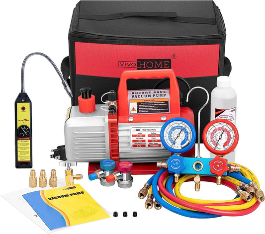 SPECSTAR 110V 1/3 HP 4CFM Single Stage Rotary Vane Air Vacuum Pump and AC Manifold Gauge Set Kit with Leak Detector for R134a R12 R22 R502 R410a HVAC Air Conditioning Refrigeration Recharging, Red