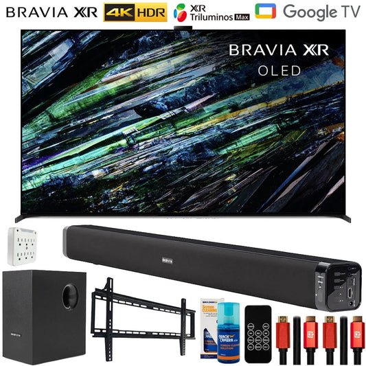 Sony XR65A95L BRAVIA XR A95L 65 inch QD-OLED 4K HDR Smart TV with Google TV (2023) Bundle with Deco Gear Home Theater Soundbar with Subwoofer, Wall Mount Accessory Kit, 6FT 4K HDMI 2.0 Cables and Mor