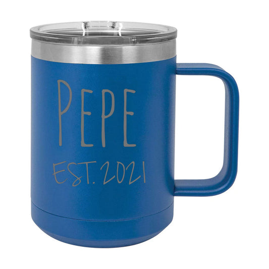 Pepe Est. 2021 Established Stainless Steel Vacuum Insulated 15 Oz Engraved Double-Walled Travel Coffee Mug with Slider Lid