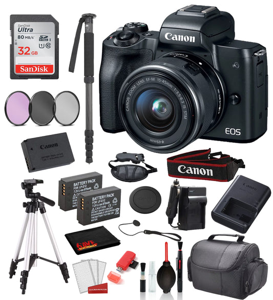 Canon EOS M50 Mirrorless Digital Camera with 15-45mm Lens (Black) 18PC Professional Package Bundle SanDisk 32gb SD + Replacement Battery LPE12 (2CT) + 57 Tripod + MORE