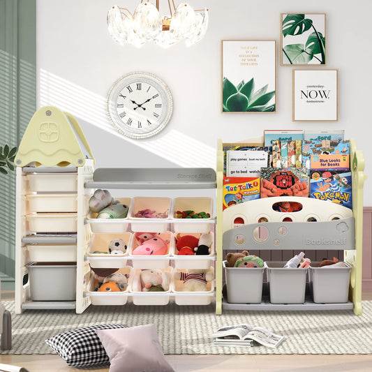 KEHOMY Kids Bookshelf Toy Storage Organizer with 17 Bins and 5 Bookshelves, Multi-functional Nursery Organizer Kids Furniture Set Toy Storage Cabinet Unit with HDPE Shelf and Bins