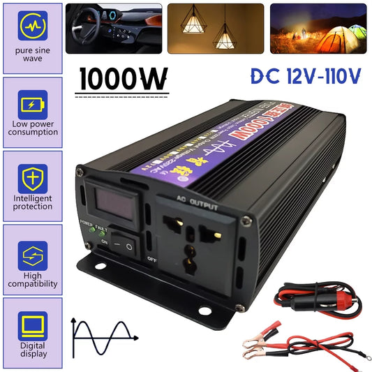 DFITO Car Power Inverter 1000W DC 12V to AC 110V Pure Sine Wave Solar Converter LCD