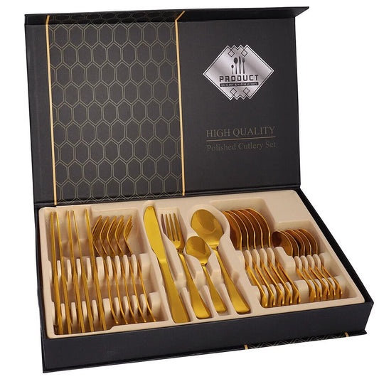 24-Piece Flatware Set Service for 6, Stainless Steel Kitchen Utensils Knife Fork Spoon Silverware Set with Box, Gold
