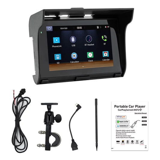 Motorcycle MP5 Player Waterproof Dual BT Riding Recorder with 5 Inch Touchscreen Carplay Android Auto Support BT/TF Card/U-Disk Playback Mirror Phone Link