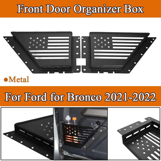 ALLTIMES 2PCS Front Door Organizer Box for Ford for Bronco 2021-2022, Black Metal US Flag Hollowed out Pattern Storage Pocket