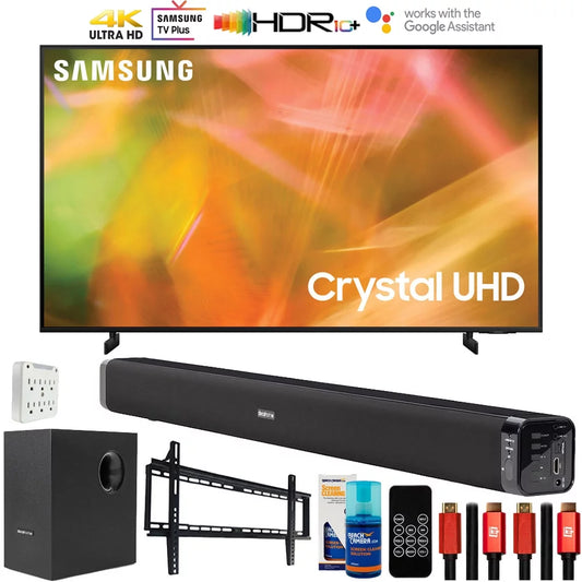Samsung UN50AU8000 50 Inch UHD 4K Crystal UHD Smart LED TV (2021) Bundle with Deco Gear Home Theater Soundbar with Subwoofer, Wall Mount Accessory Kit, 6FT 4K HDMI 2.0 Cables and More