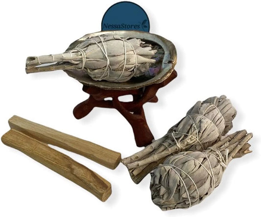 STORES - Travel Size Smudge Kit - 3-4 Abalone Shell + 4 Wood Stand + 3 Pcs 3-4 White Sage + 2 Pcs Palo Santo #JC-210 (1 Kits)