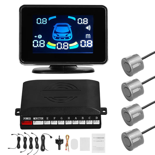 Htovila Car Parking Sensor Reversing Radars System Front & Rear Support Sound Warning/Buzzer/Mute with 4 Parking Sensors Distance Detection LCD Distance Display Adjustable