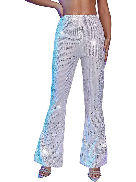 Women Sequin Palazzo Pants Glitter Sparkly High Waist Wide Leg Trousers Sparkle Bell Bottoms Party Club Flare Pants