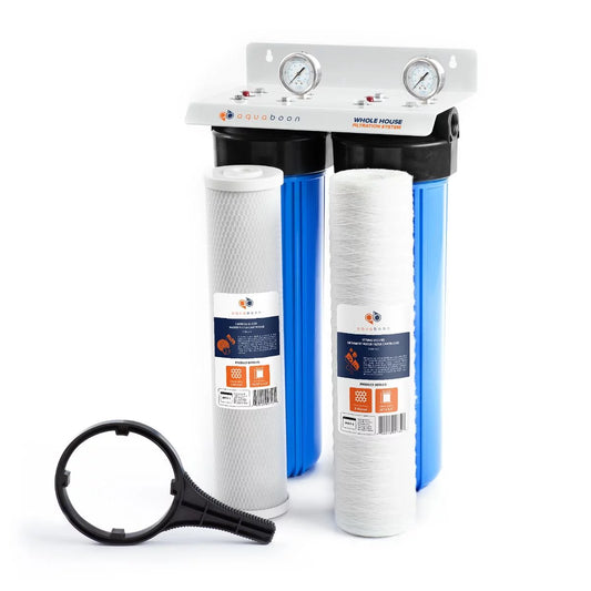 2-Stage 20 Whole House Filtration System by Aquaboon+Housing Bracket+Pressure Gauges+Carbon Block+String Wound Sediment Filter Cartridges