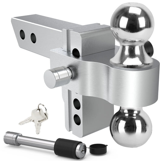 Ledkingdomus Adjustable Trailer Hitch, Fits 2'' Receiver, 4'' Drop Hitch, Aluminum Tow Hitch, Ball Mount, 2 and 2-5/16'' Combo Stainless Steel Tow Balls with Double Key Locks, Silver