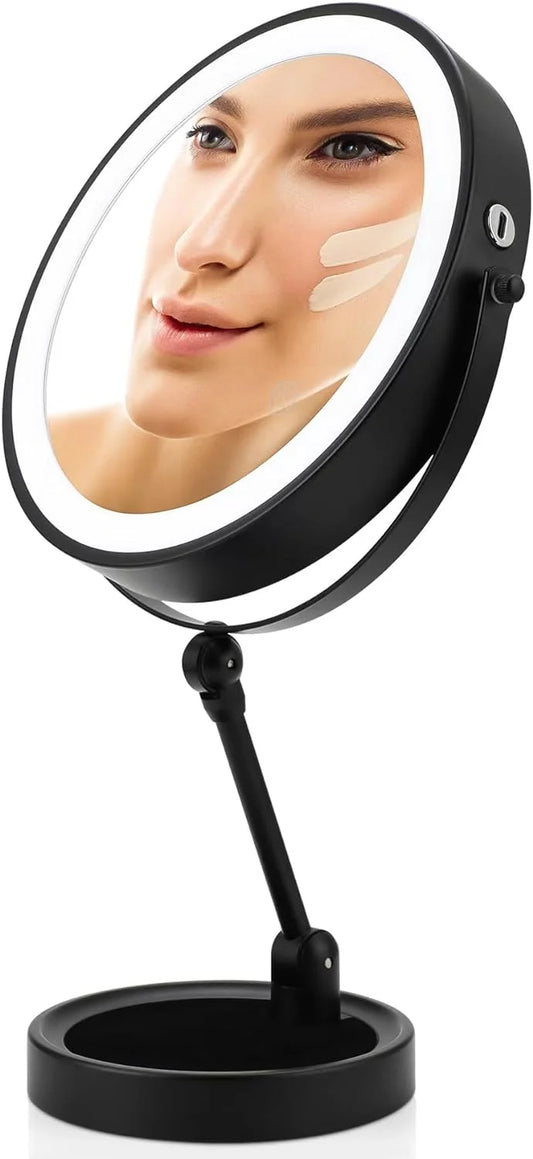 9 Lighted Makeup Mirror with Magnification 10X,Height Adjustable & Rechargable Magnifying Mirror,Double Sided LED Vanity Mirror,3 Color Lights & Dimmable Cosmetic Mirror(Matte Black)