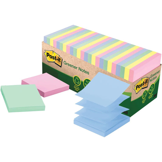 3M Greener Adhesive Note 3x3,Square,100 Sheets per Pad,Assorted,Paper,Self-stick,Removable,Recyclable,Pop-up,Residue-free,Eco-friendly,1800 / Pack