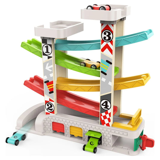 TOP BRIGHT Car Ramp Toy for 2 3 Year Old Boy Gifts, Toddler Race Track Toy for 18 Month Old with 4 Wooden Cars and 3 Car Garage