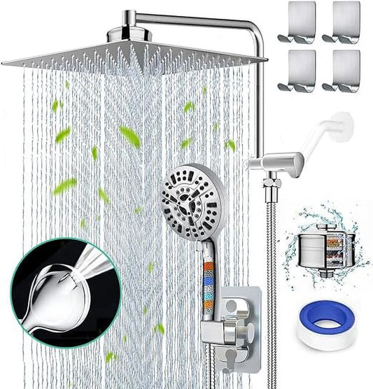 Filtered Shower Head 12 Rain Shower Head with Handheld Spray Dual Filter for Hard Water Rainfall Showerhead with 10 Setting Handheld Built-in 2 Power Wash +12 Shower Extension Arm,79 Hose & 4 Hooks