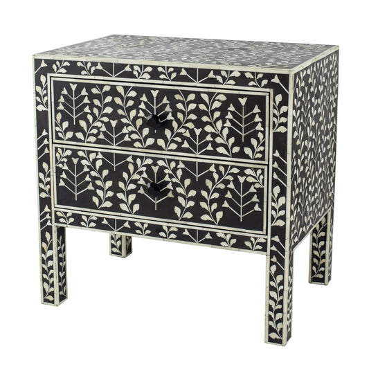 24 Inch Storage Chest, 2 Drawers, Bone Inlay, Floral Pattern, Modern, Black- Saltoro Sherpi
