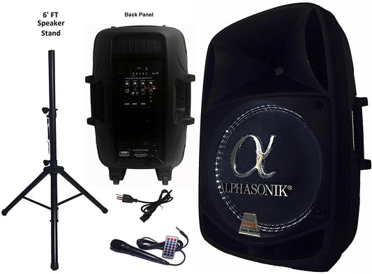 Alphasonik 15 Powered 2800W Pro DJ Amplified Loud Speaker Bluetooth USB SD Card Aux MP3 FM Radio PA System LED Ring Karaoke Feature Mic W/ Tripod Stand