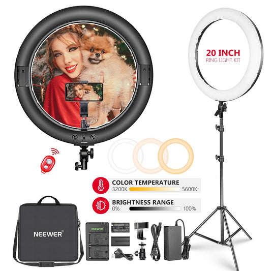 Neewer 20-inch LED Ring Light Kit: (1)44W Dimmable Bi-color Circle Light (1)2M Pro Light Stand(1)Ball Head(1)Phone Holder(2)Li-ion Battery(1)USB Charger for Portrait Photography Video Make-up Selfie