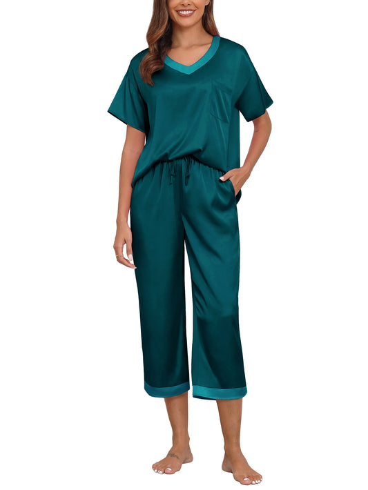 MINTREUS Women's Pajama Set Short Sleeved V-Neck Pajama Silk 2-Piece Set Capris Women's Satin Pajama Set Casual Clothing