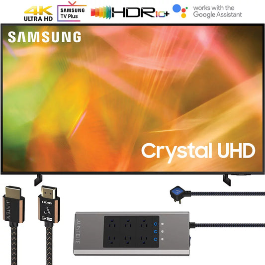 Samsung UN50AU8000 50 Inch UHD 4K Crystal UHD Smart LED TV (2021) Bundle with Austere 1.5m 4K HDR HDMI Cable and 5-Series 6 Outlet Surge Protector