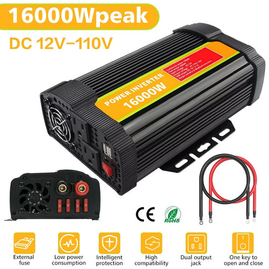 MDHAND 8000W Watts Power Inverter,12V DC to110V AC Car Inverter with 2 AC Outlets and 2.1A Dual USB Port,Battery Cables Included,16000W Peak Car Converter Suitable for Car RV Truck Boat(Black)