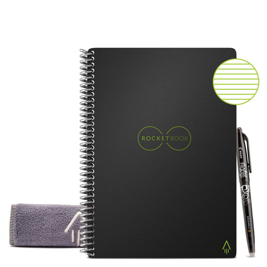 Rocketbook Core Smart Reusable Spiral Notebook, Black, 6 x 8.8, Lined