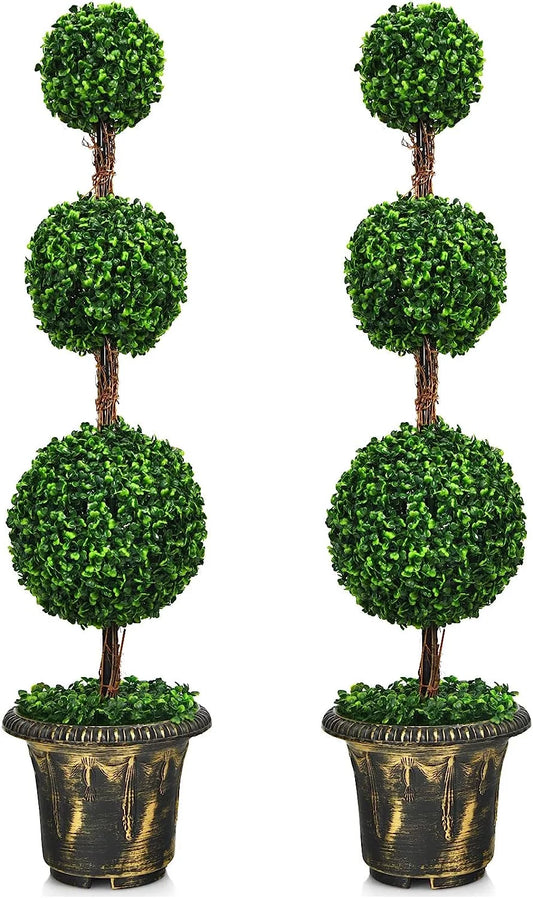 4 Ft 2 Pack Artificial Boxwood Topiary Tree, Fake Greenery Plants Ball Tree, Leaves & Cement-Filled Plastic Flower Pot Decorative Trees for Home Office Indoor Outdoor