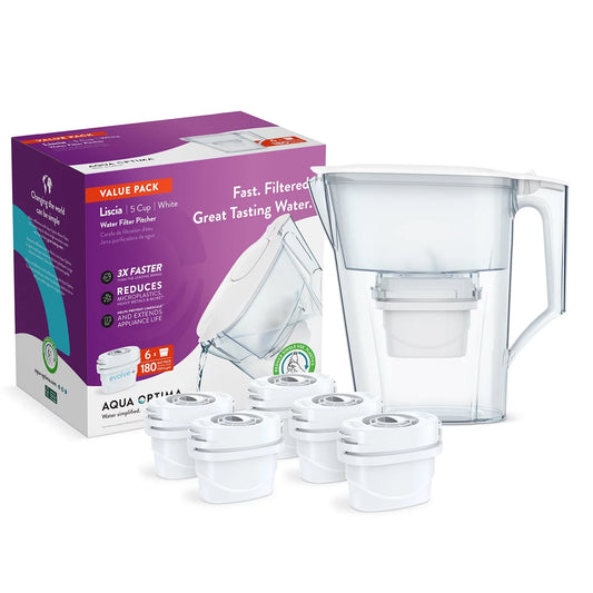 Aqua Optima Water Filter Pitcher Value Pack for Tap and Drinking Water with 6 Evolve+ Filter, BPA Free, WQA Certified, Liscia Design (White)
