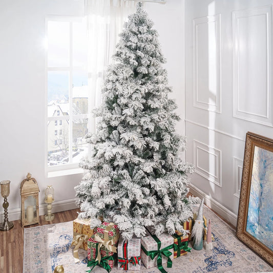 Skylar 7.5ft Snow Flocked Christmas Tree Prelit with 892 Branch Tips, 550 Warm Lights and Metal Stand, 50 wide Realistic Alaskan Pine Frosted Christmas Tree with Lights by Naomi Home