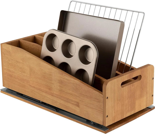 LIHONG Pull Out Cabinet Organizer for Pans, Cookie Sheet, Bakeware, Cutting Board, Slide Out Kitchen Cabinet Storage Organizer Rack, 10.5''W X 21D X 7.5H, Wood