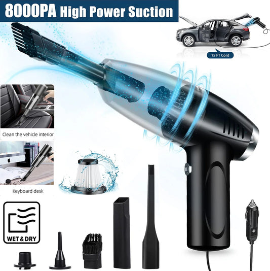 Portable Car Vacuum Cleaner, High Power 8000PA Suction, 15Ft Corded Handheld Whole Car Detailing Vacuum Strong Suction with Multi-nozzles and Air Blower for Wet, Dry, Pet Hair