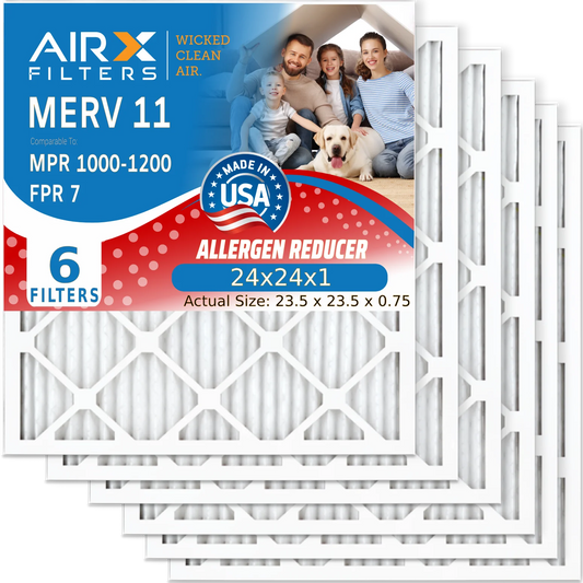 24x24x1 Air Filter MERV 11 Comparable to MPR 1000, MPR 1200 & FPR 7 Electrostatic Pleated Air Conditioner Filter 6 Pack HVAC Premium USA Made 24x24x1 Furnace Filters by AIRX FILTERS WICKED CLEAN AIR.