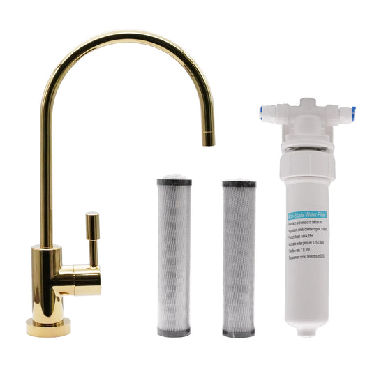 Westbrass CO131-01 11 Contemporary 1-Lever Handle Cold Water Dispenser Faucet Kit with Under Sink In-line Filter Unit and 2-Pack Replacement Cartridges, Polished Brass