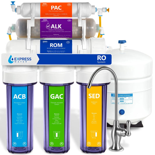 Express Water Alkaline RO Filtration System – 10 Stage RO Mineralizing Water Purifier – Mineral, pH +, Antioxidant – Under Sink Water Filter with Remineralization – 50 GDP with Clear Filter Housing