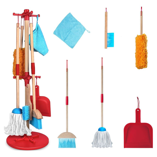 SUPER JOY Wooden Cleaning Toys Set, 7 Pcs Children Detachable Cleaning Tool with Broom, Mop, Duster, Dustpan, Brush, Rag, Hanging Stand, Housekeeping Toys Gift for Girls & Boys