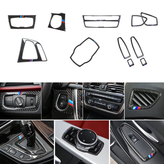 Xotic Tech Interior Multimedia Control Gear Shift Window Switch Panel Engine Start Button Frame Cover Trim Combo Kit,M Colored Carbon Fiber, Compatible with BMW 3 4 Series F30 F31 F34 F36