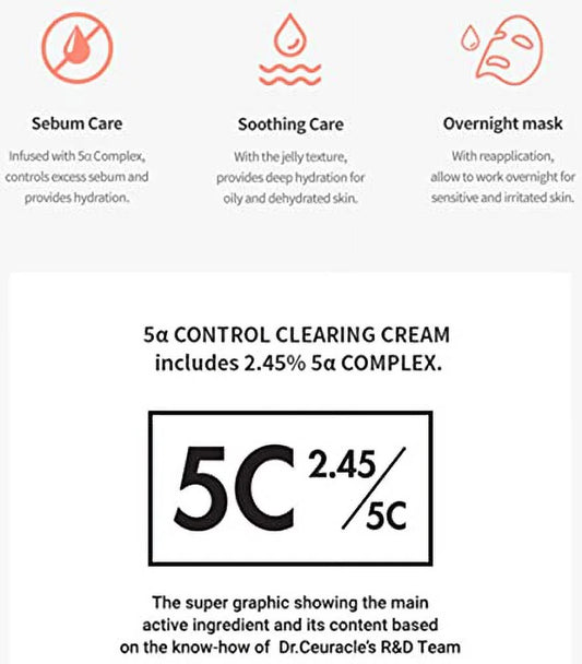 Dr.Ceuracle 5α Control Clearing Cream 50ml/1.69 oz - The lightweight Gel-Type Cream that Controlling Excess Sebum