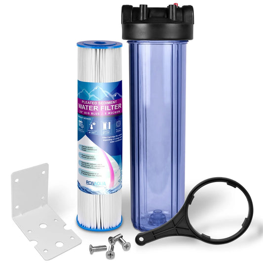 20 Inches Transparent Big Blue Housing with Presser Relief Button, 1” Inlet/Outlet Brass Port & 5 Micron Sediment Water Filter Cartridge