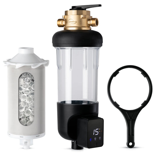 iSpring WSP100SL-ARJ-BP Whole House Spin Down Sediment Water Filter with 4 Modes Bypass, Includes Siliphos Helps Prevent Scale & Corrosion, Clear Housing, Brass Top, Upgraded Jumbo Size, with Touch-S
