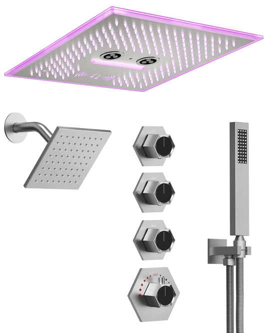 GRANDJOY 16 in. AuroraMist LED Bluetooth Music Shower Faucet System 5-Spray Modes Dual Ceiling Mount Fixed and Handheld Shower Head Combo Set 2.5 GPM in Brushed Nickel