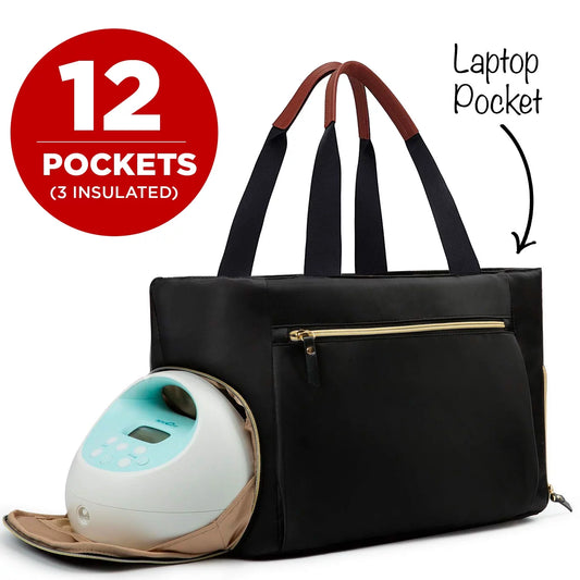 French KOKO Breast Pump Bag Diaper Tote Bag with 15 Inch Laptop Sleeve Fit Most Breast Pumps like Medela, Spectra S1,S2 Crossbody Bag Shoulder Bag Black