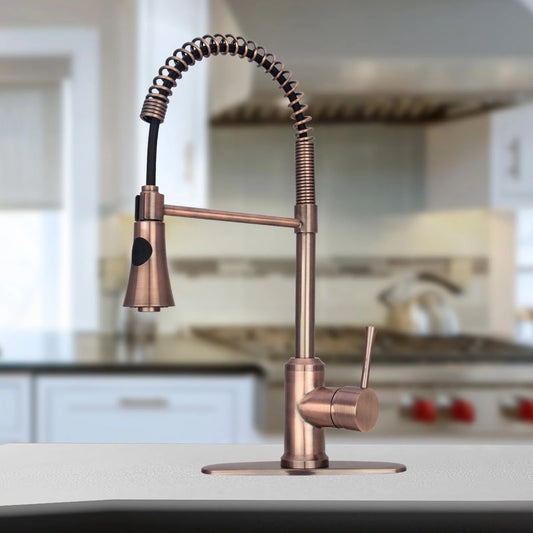 Akicon Copper Pre-Rinse Spring Kitchen Faucet, Single Level Handle and Pull Down Sprayer Antique Copper Copper Finish
