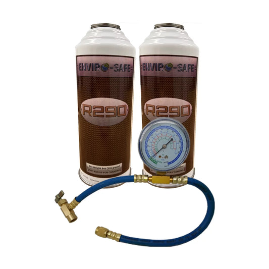 EnviroSafe 290, R290, Enviro-Safe R-290 Refrigerant 2 cans & gauge kit, R22, R-22